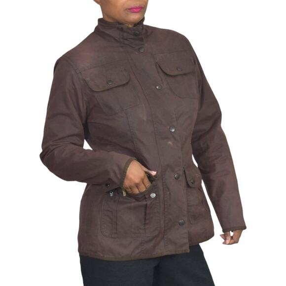 Barbour Utility Jacket Brown Wax Cotton Flannel Lined Slim Hip Length Size 10 - Picture 8 of 16